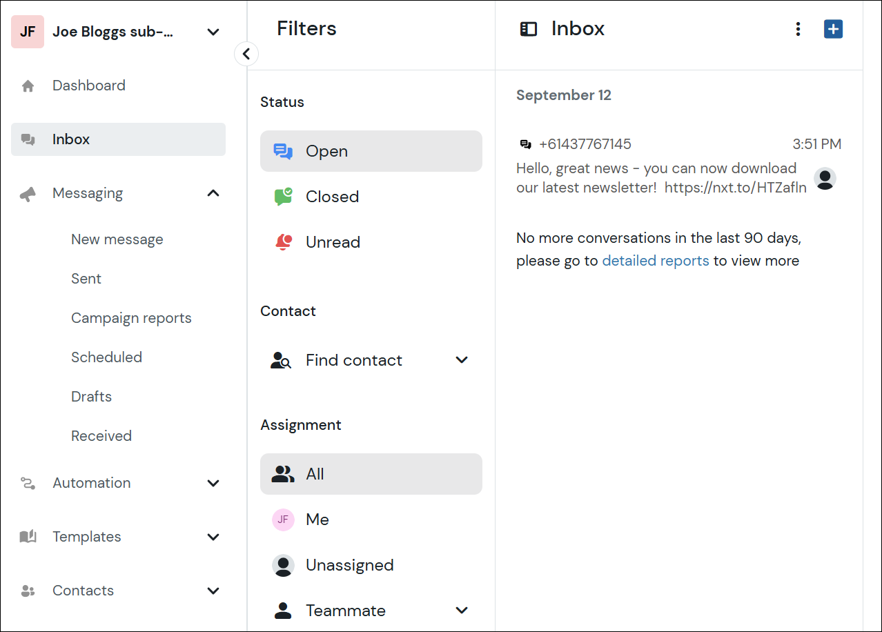 Screenshot of the inbox screen