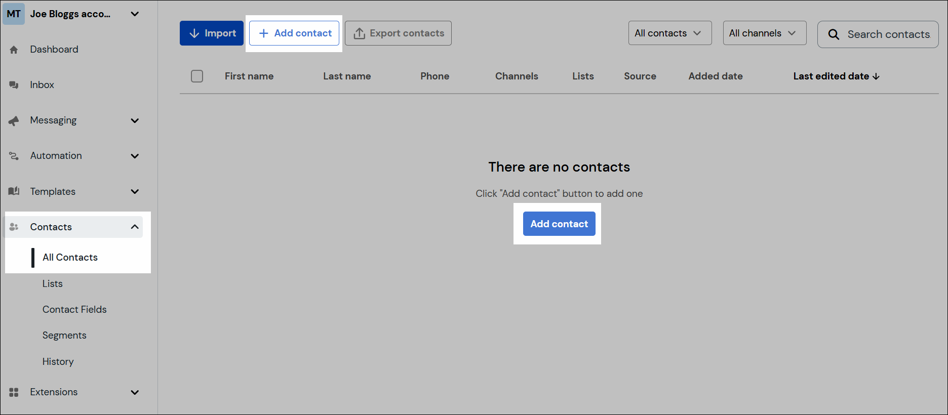 Screenshot showing the location of the Add Contact button in the 'All Contacts' page.