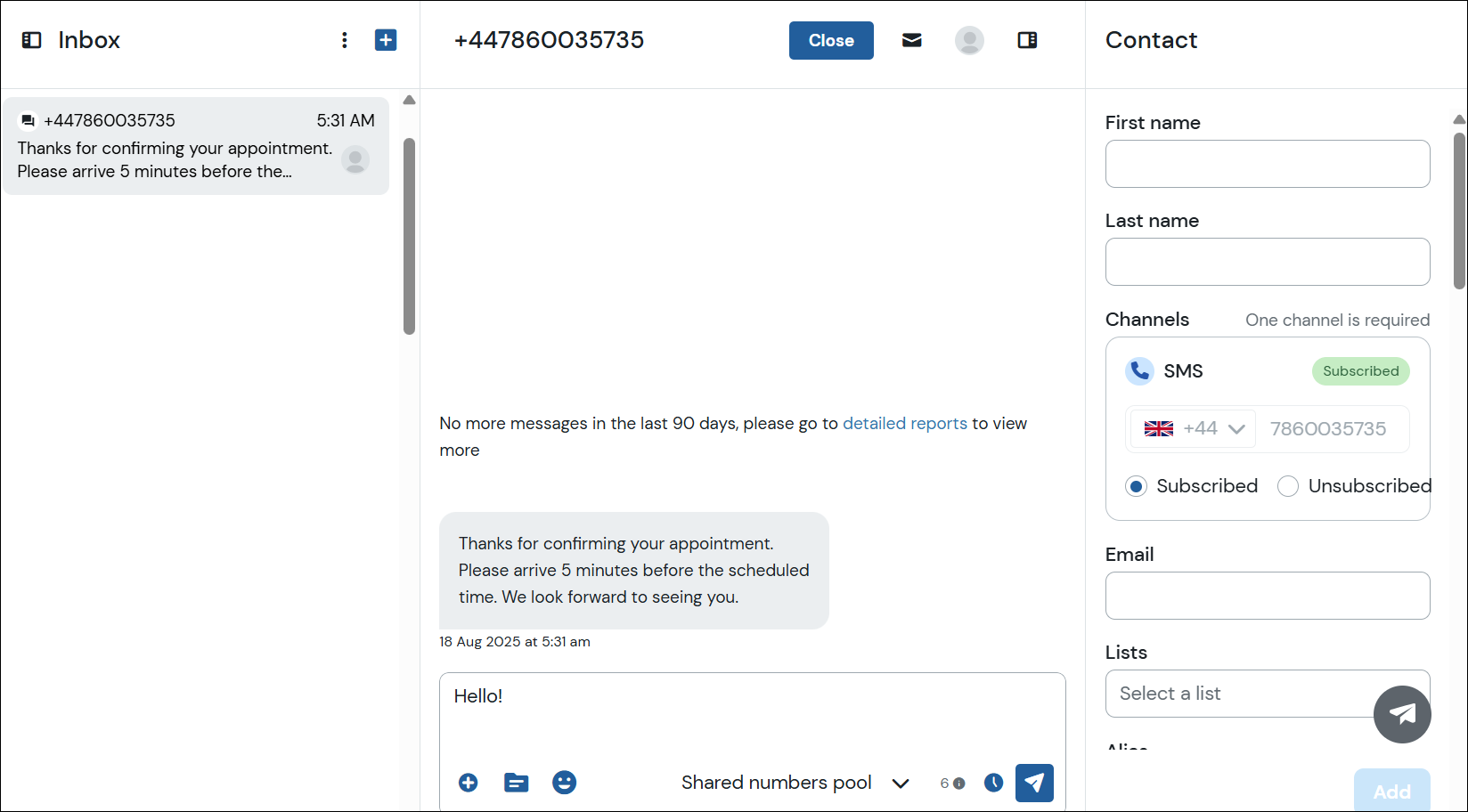 Screenshot showing the location of the contact info panel in an existing conversation in the inbox.