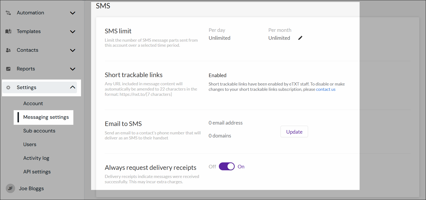 SMS settings navigation