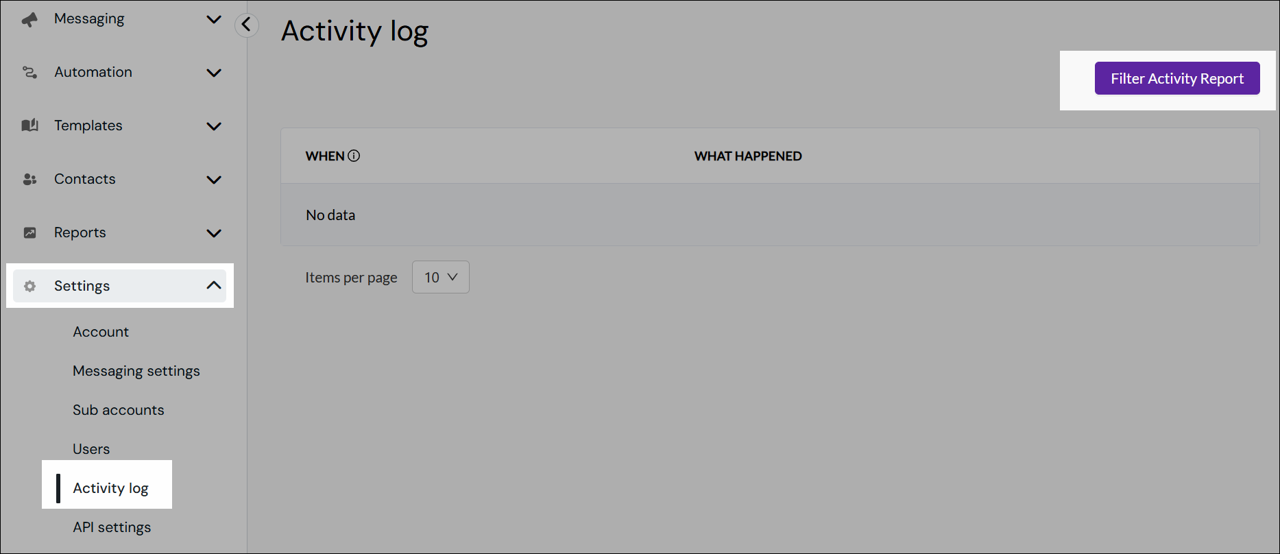 Activity log navigation screenshot