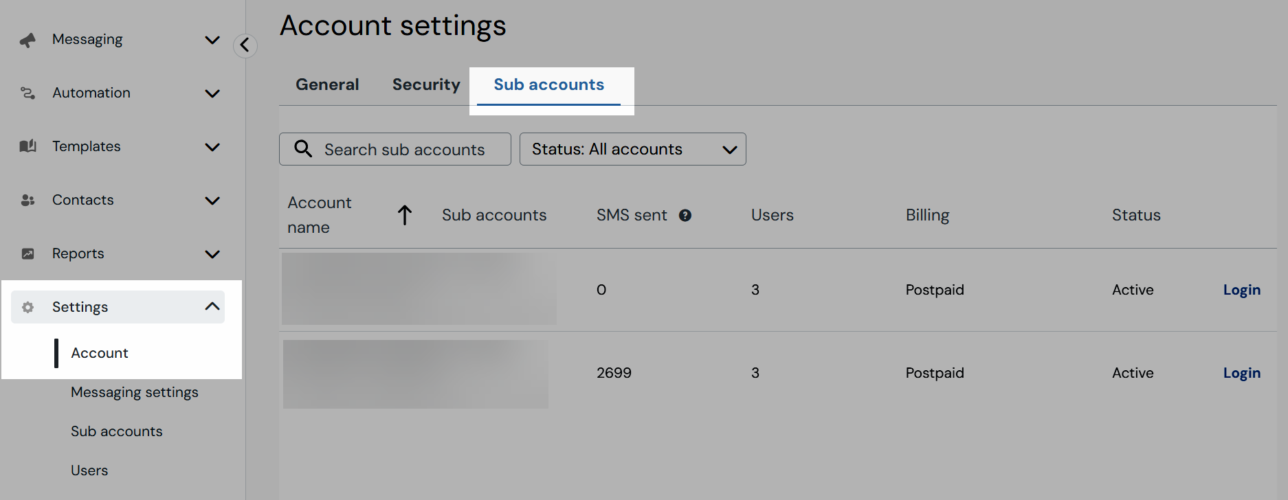 Sub accounts navigation screenshot