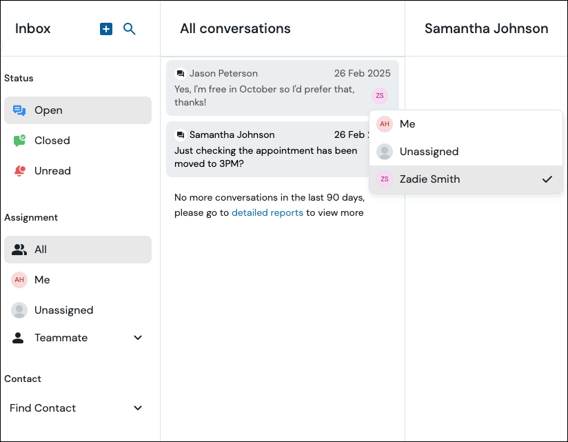 Assign conversation using the agent avatar screenshot