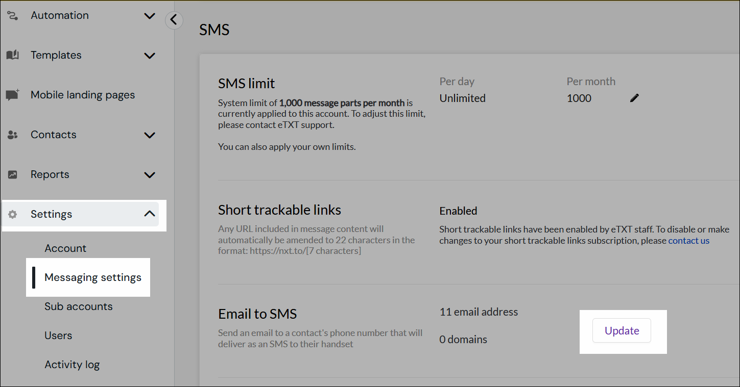 Email to SMS navigation screenshot