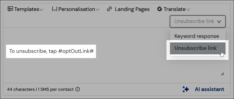 unsubscribe link dropdown in message composer screenshot
