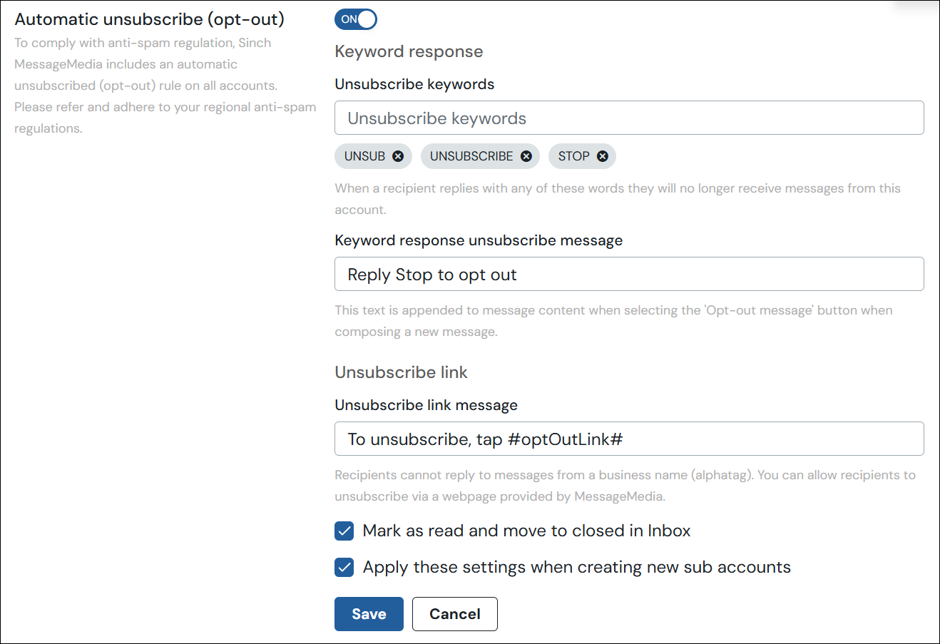 Automatic unsubscribe (opt-out) configuration page screenshots