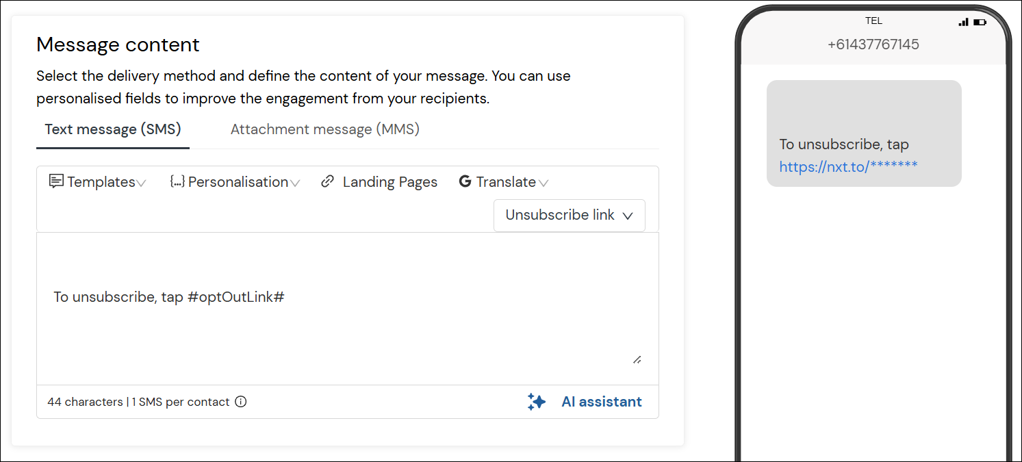 Opt-out link composer preview screenshot