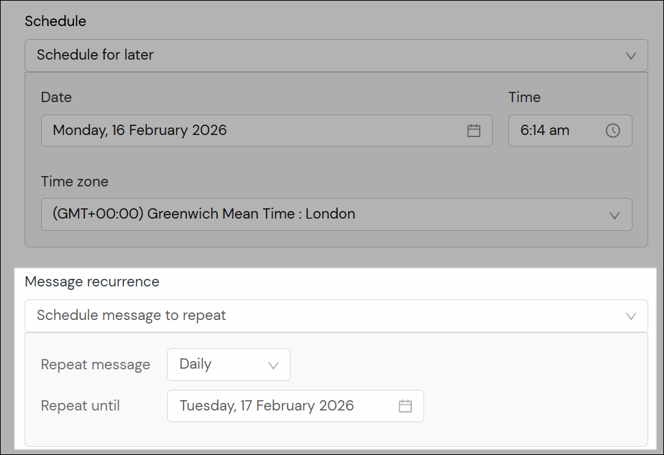 Recurring messages dropdowns screenshot.