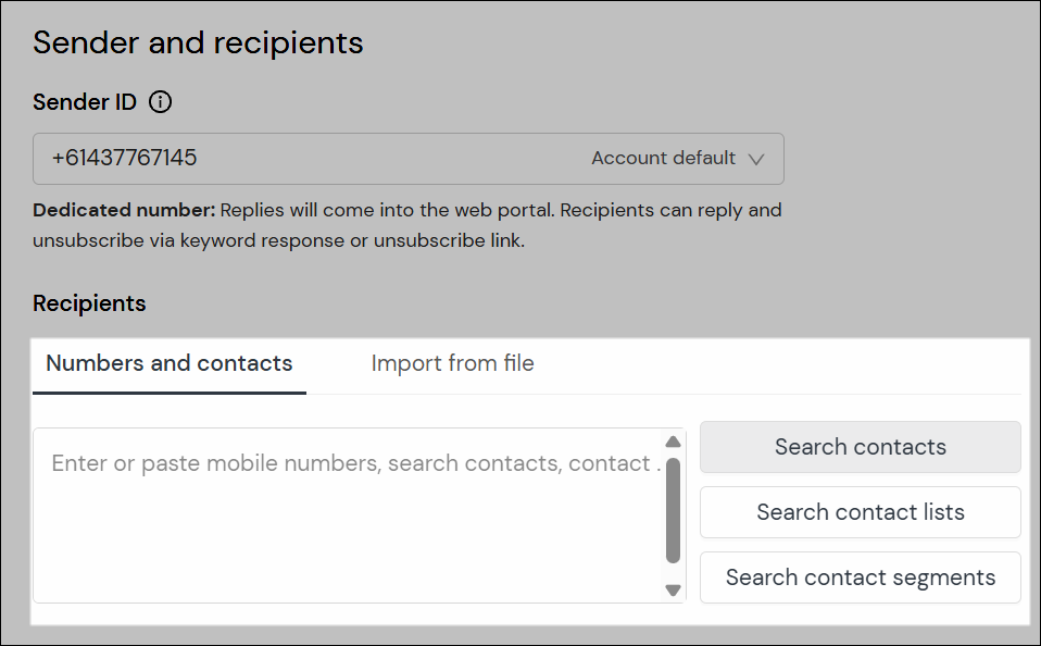 Screenshot of numbers and contacts field with search buttons