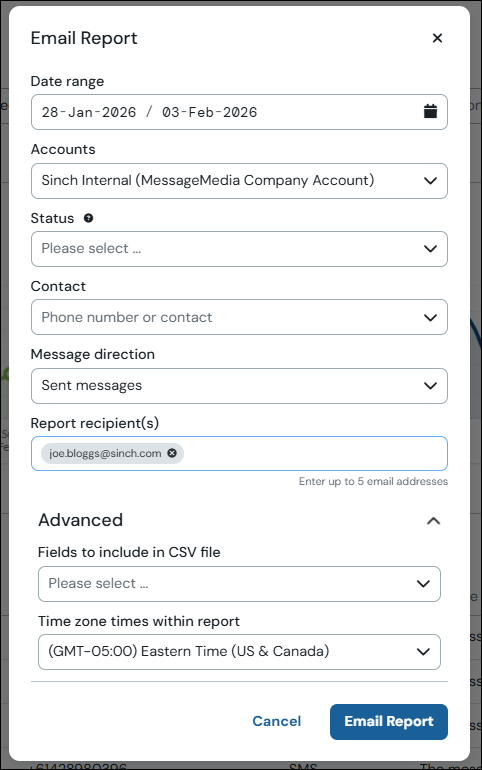 Export modal fields screenshot