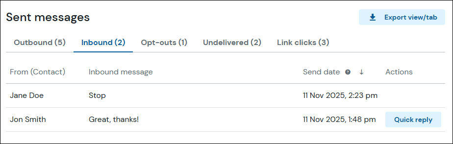 Inbound message tab