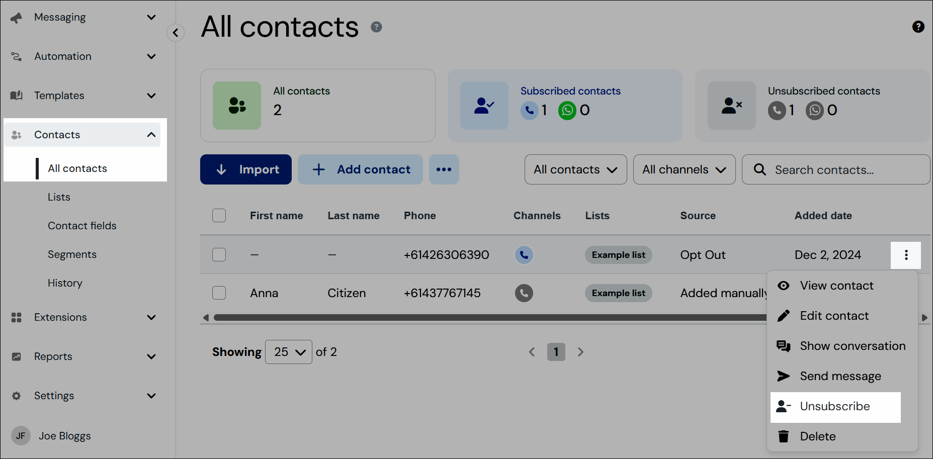 Unsubscribe individual contact navigation screenshot.