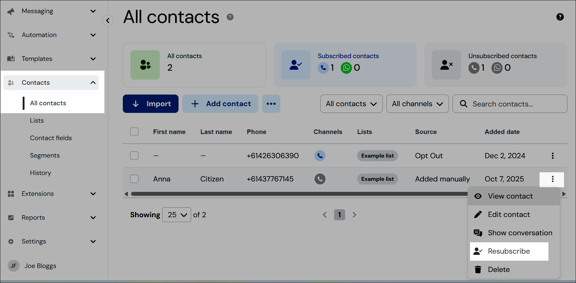 Resubscribe individual contact from all contacts page screenshot.