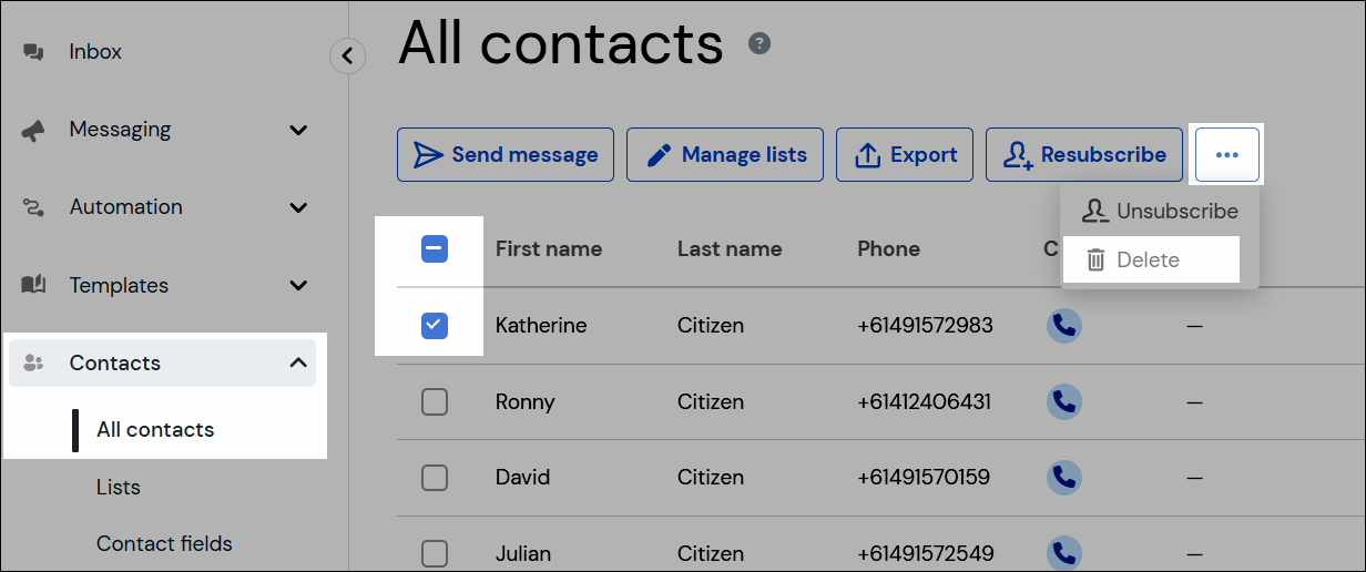 Delete contact navigation